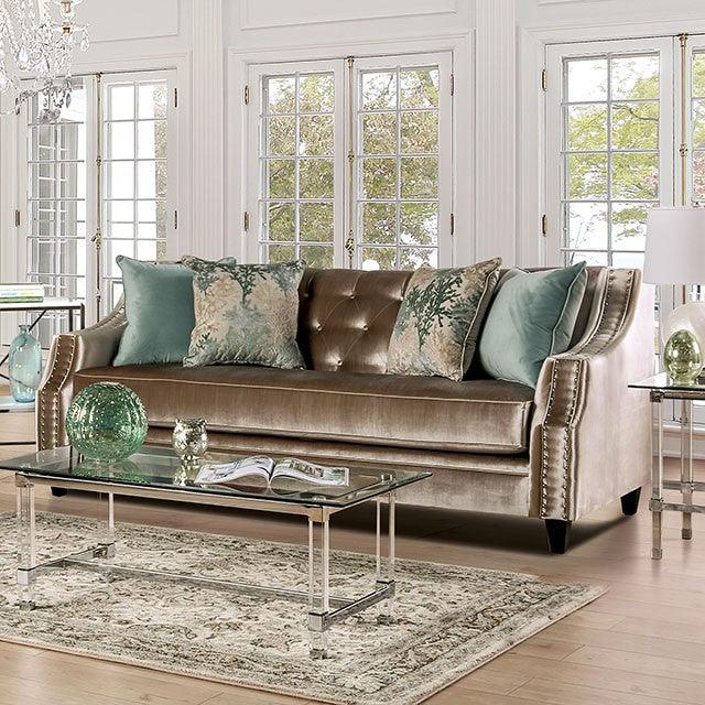 Elicia SM2685-SF Champagne/Turquoise Transitional Sofa By Furniture Of America - sofafair.com