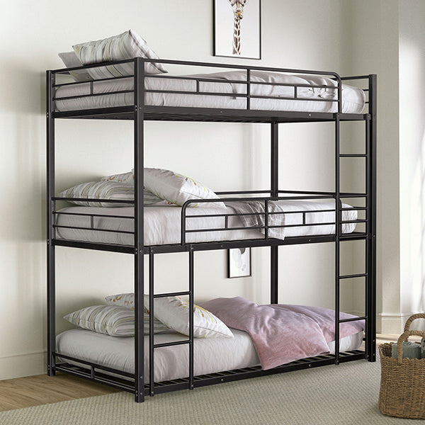 Furniture Of America Felgu Triple Twin Metal Bunkbed FM-BK909BK-T-BED Black Contemporary - sofafair.com