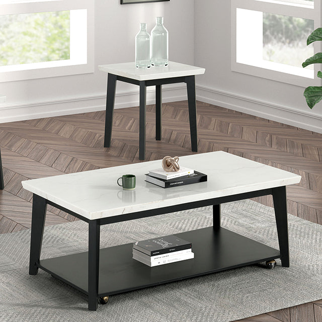 Furniture Of America Thisted Rectangle Marble Coffee Table w/ Casters FM44002WH-CR White/Black Contemporary - sofafair.com