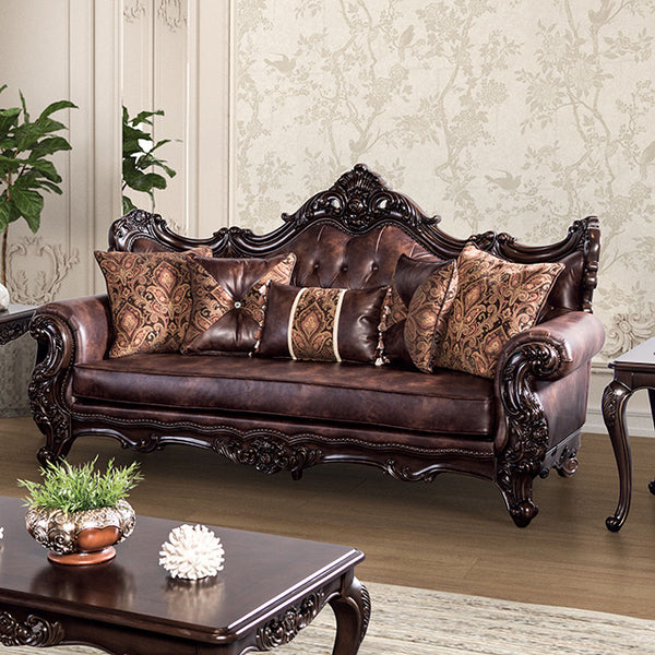 Furniture Of America Palencia Sofa FM65005BR-SF Dark Cherry/Brown Traditional - sofafair.com