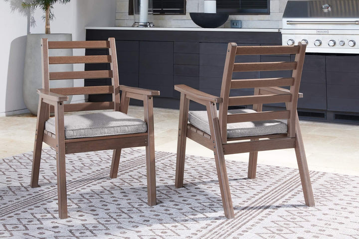 Emmeline Outdoor Dining Arm Chair with Cushion (Set of 2) P420-601A Brown/Beige Casual Outdoor Dining Chair By Ashley - sofafair.com