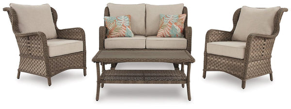 Clear Ridge Outdoor Loveseat, 2 Lounge Chairs and Coffee Table P361P1 Brown/Beige Contemporary Outdoor Package By Ashley - sofafair.com