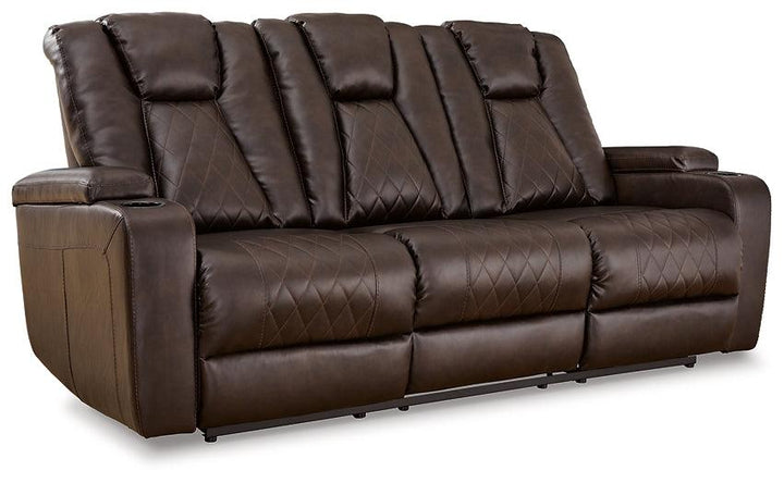 Mancin Reclining Sofa with Drop Down Table 2970389 Brown/Beige Contemporary Motion Upholstery By Ashley - sofafair.com