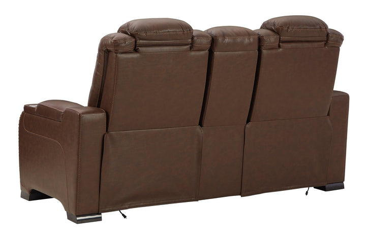 The Man-Den Power Reclining Loveseat with Console U8530618 Brown/Beige Contemporary Motion Upholstery By Ashley - sofafair.com