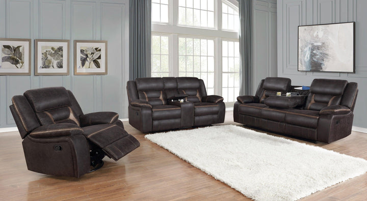 Glider loveseat w/ console 651355 Brown leatherette motion loveseats By coaster - sofafair.com