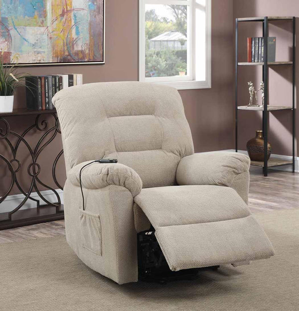 Living room : power lift recliner 600399 Beige Casual fabric power lift recliners By coaster - sofafair.com