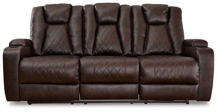 Mancin Reclining Sofa with Drop Down Table 2970389 Brown/Beige Contemporary Motion Upholstery By Ashley - sofafair.com