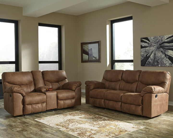 Boxberg Reclining Sofa and Loveseat 33802U1 Brown/Beige Contemporary Motion Upholstery Package By Ashley - sofafair.com