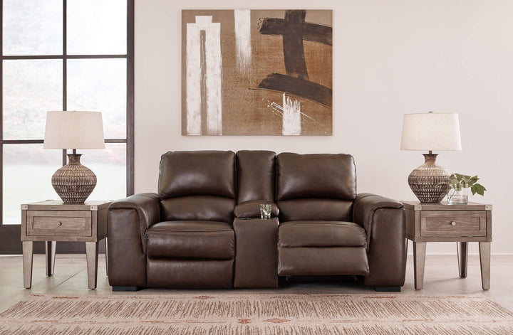 Alessandro Power Reclining Loveseat with Console U2550218 Brown/Beige Contemporary Motion Upholstery By Ashley - sofafair.com