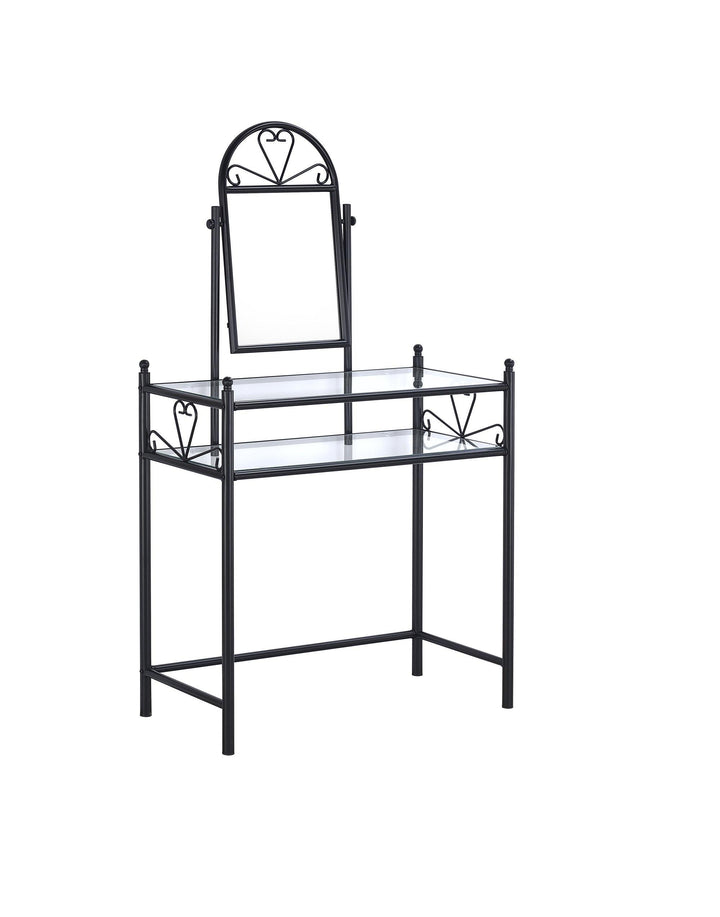 Traditional black vanity with glass top and fabric stool 2432 Black Traditional Vanity1 By coaster - sofafair.com