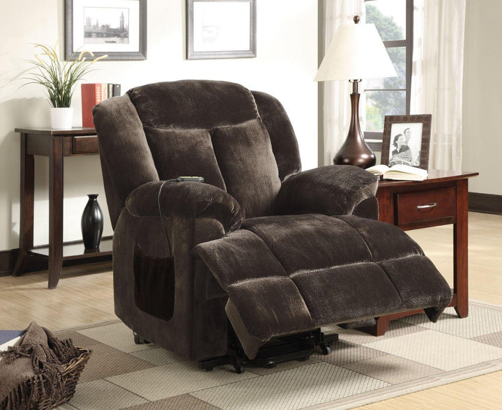 Living room : power lift recliner 600173 Chocolate Casual fabric power lift recliners By coaster - sofafair.com