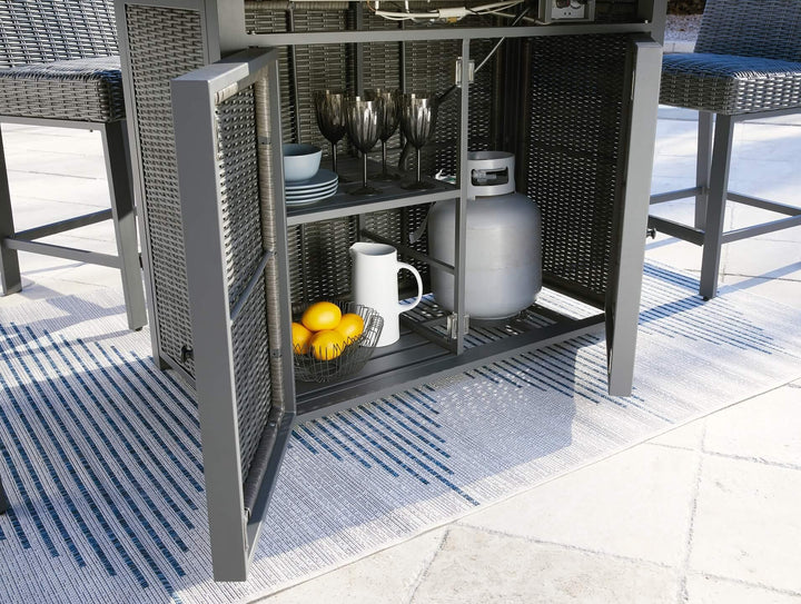 Palazzo Outdoor Bar Table with Fire Pit P520-665 Black/Gray Casual Outdoor Pub Table w/FP By Ashley - sofafair.com