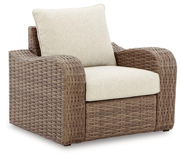 Sandy Bloom Lounge Chair with Cushion P507-820 Brown/Beige Casual Outdoor Seating By Ashley - sofafair.com