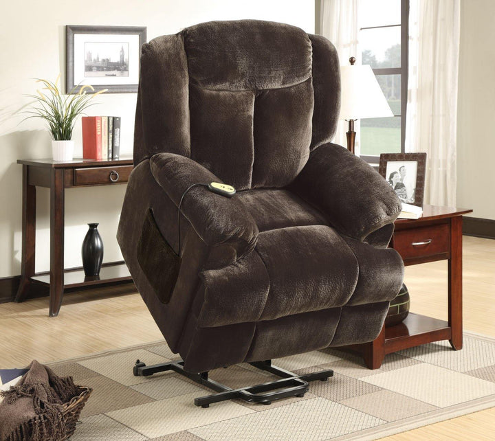 Living room : power lift recliner 600173 Chocolate Casual fabric power lift recliners By coaster - sofafair.com