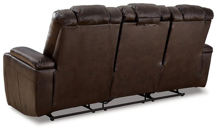 Mancin Reclining Sofa with Drop Down Table 2970389 Brown/Beige Contemporary Motion Upholstery By Ashley - sofafair.com