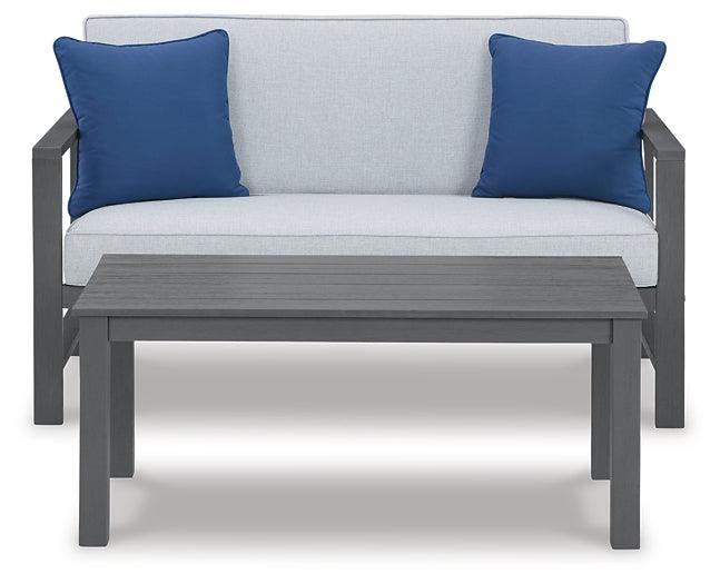Fynnegan Outdoor Loveseat with Table (Set of 2) P349-034 Black/Gray Casual Outdoor Loveseat/Table By Ashley - sofafair.com