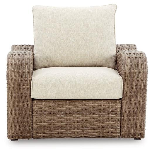 Sandy Bloom Lounge Chair with Cushion P507-820 Brown/Beige Casual Outdoor Seating By Ashley - sofafair.com