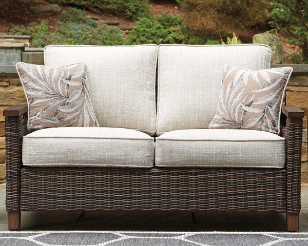 Paradise Trail Loveseat with Cushion P750-835 Brown/Beige Contemporary Outdoor Loveseat By Ashley - sofafair.com