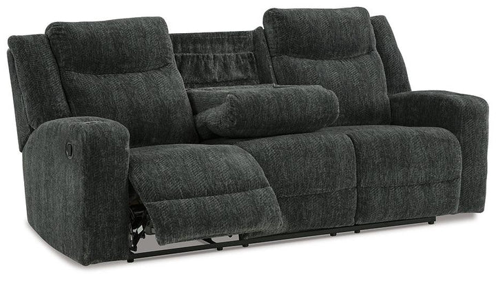 Martinglenn Reclining Sofa with Drop Down Table 4650489 Black/Gray Contemporary Motion Upholstery By Ashley - sofafair.com
