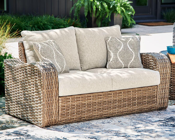 P507-835 Brown/Beige Casual Sandy Bloom Outdoor Loveseat with Cushion By Ashley - sofafair.com
