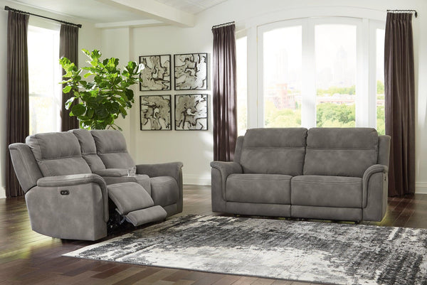 NextGen DuraPella Power Reclining Sofa and Loveseat 59301U1 Slate Contemporary Motion Upholstery Package By AFI - sofafair.com