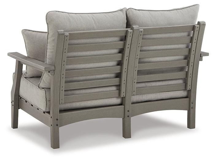 P802-835 Black/Gray Contemporary Visola Outdoor Loveseat with Cushion By Ashley - sofafair.com