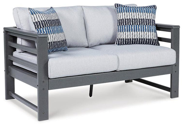 Amora Outdoor Loveseat, 2 Lounge Chairs and Coffee Table P417P1 Black/Gray Casual Outdoor Package By Ashley - sofafair.com