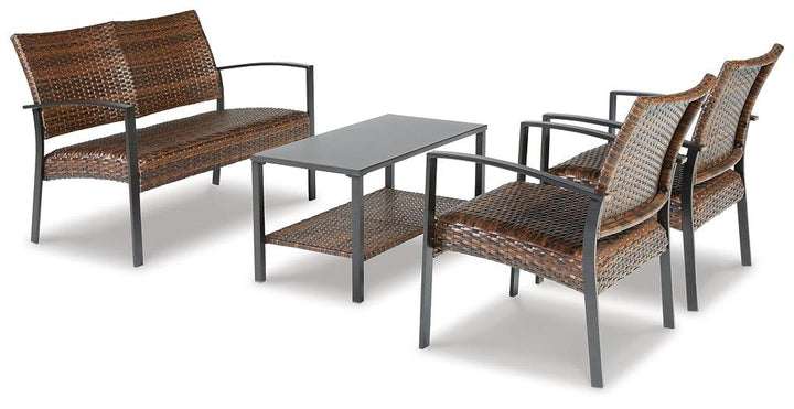 Zariyah Outdoor Love/Chairs/Table Set (Set of 4) P330-080 Brown/Beige Casual Outdoor Chat Set By Ashley - sofafair.com