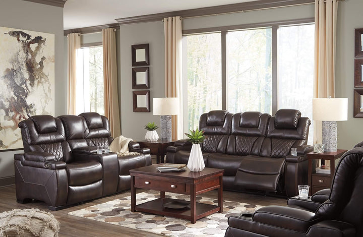 Warnerton Power Reclining Sofa and Loveseat with Power Recliner 75407U3 Brown/Beige Contemporary Motion Upholstery Package By Ashley - sofafair.com