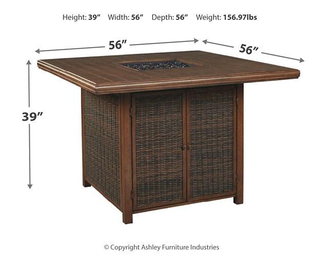Paradise Trail Bar Table with Fire Pit P750-665 Brown/Beige Contemporary Outdoor Pub Table w/FP By Ashley - sofafair.com