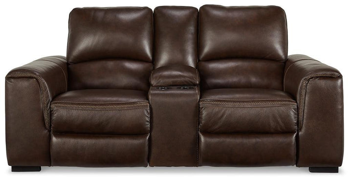 Alessandro Power Reclining Loveseat with Console U2550218 Brown/Beige Contemporary Motion Upholstery By Ashley - sofafair.com