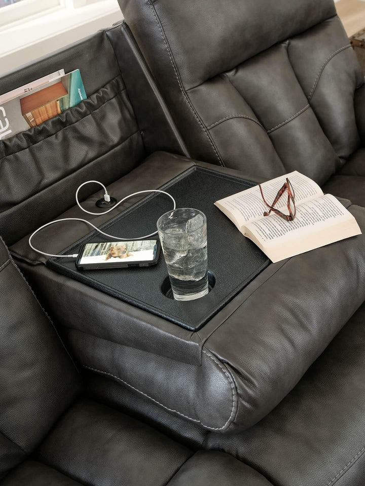 Willamen Reclining Sofa with Drop Down Table 1480189 Black/Gray Contemporary Motion Upholstery By Ashley - sofafair.com