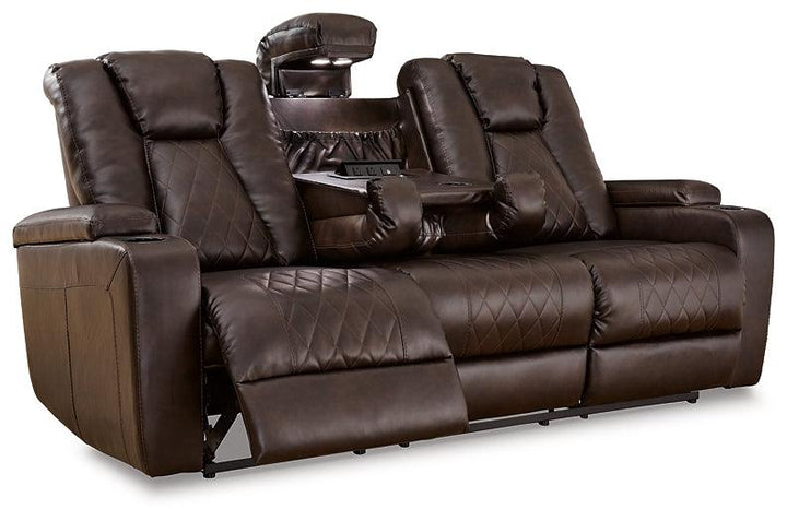 Mancin Reclining Sofa with Drop Down Table 2970389 Brown/Beige Contemporary Motion Upholstery By Ashley - sofafair.com