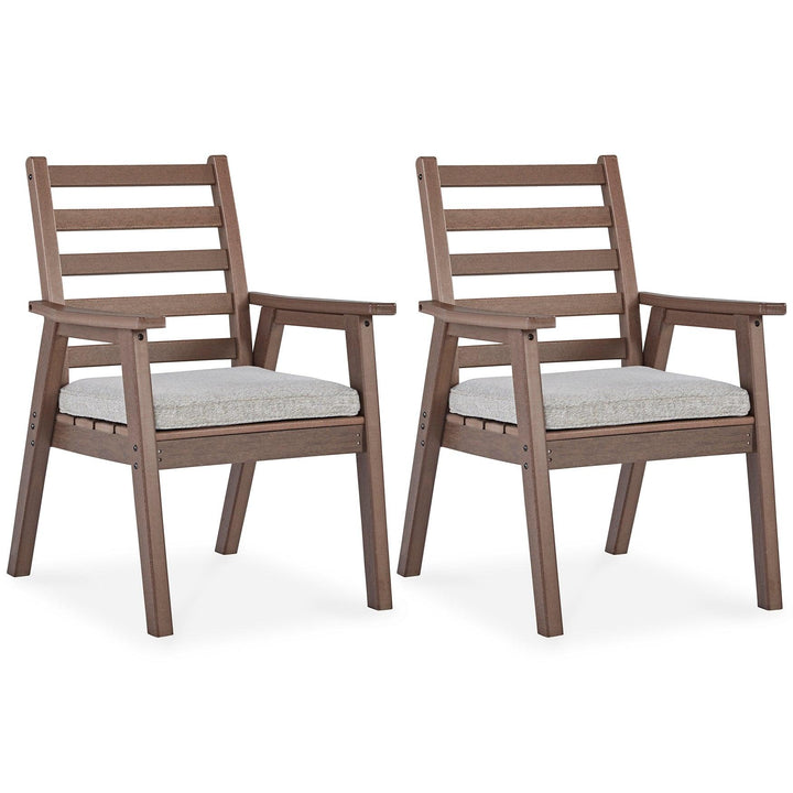 Emmeline Outdoor Dining Arm Chair with Cushion (Set of 2) P420-601A Brown/Beige Casual Outdoor Dining Chair By Ashley - sofafair.com