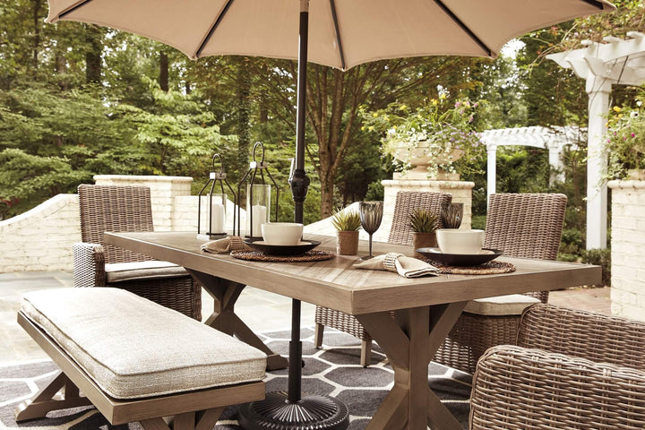 Beachcroft Dining Table with Umbrella Option P791-625 Brown/Beige Casual Outdoor Dining Table By Ashley - sofafair.com