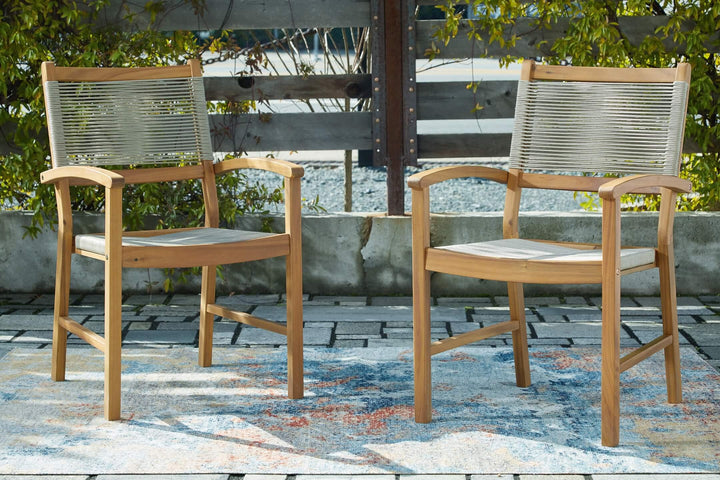 Janiyah Outdoor Dining Arm Chair (Set of 2) P407-602A Brown/Beige Casual Outdoor Dining Chair By Ashley - sofafair.com