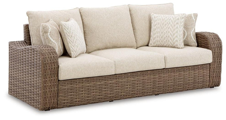 P507-838 Brown/Beige Casual Sandy Bloom Outdoor Sofa with Cushion By Ashley - sofafair.com