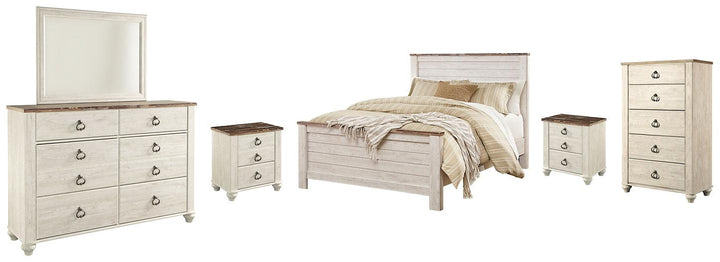 Willowton Queen Panel Bed, Dresser, Mirror, Chest and 2 Nightstands B267B34 Whitewash Casual Bedroom Package By AFI - sofafair.com