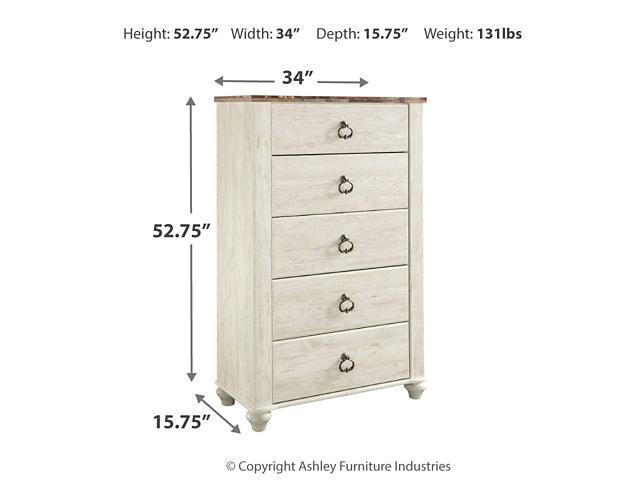 Willowton Queen Panel Bed, Dresser, Mirror, Chest and 2 Nightstands B267B34 Whitewash Casual Bedroom Package By AFI - sofafair.com