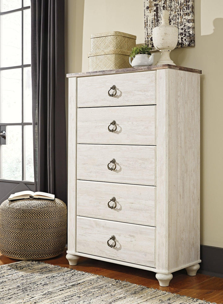 Willowton Queen Panel Bed, Dresser, Mirror, Chest and 2 Nightstands B267B34 Whitewash Casual Bedroom Package By AFI - sofafair.com