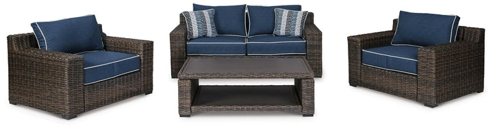Grasson Lane Outdoor Loveseat, 2 Lounge Chairs and Coffee Table P783P1 Brown/Blue Contemporary Outdoor Package By AFI - sofafair.com