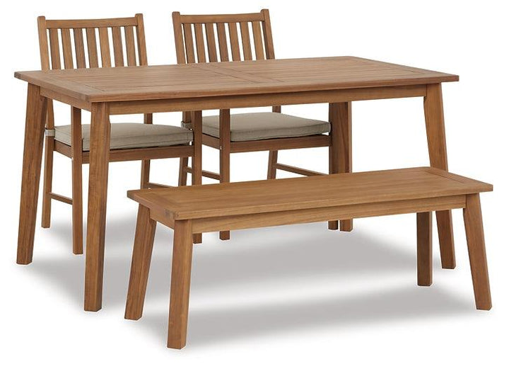 Janiyah Outdoor Dining Table with 2 Chairs and Bench P407P3 Brown/Beige Casual Outdoor Package By Ashley - sofafair.com