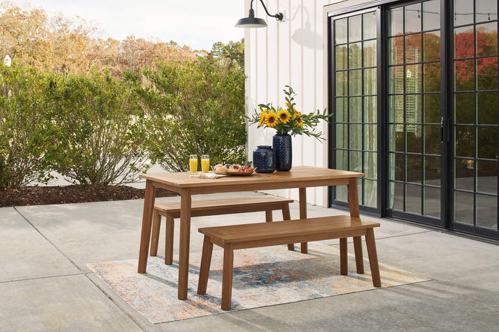 Janiyah Outdoor Dining Table with 2 Benches P407P2 Brown/Beige Casual Outdoor Package By Ashley - sofafair.com
