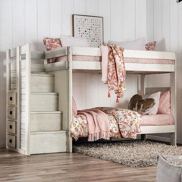 Ampelios AM-BK102WH White Rustic Twin/Twin Bunk Bed By Furniture Of America - sofafair.com