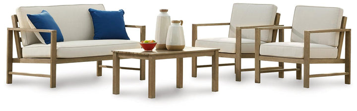 Fynnegan Outdoor Loveseat, 2 Lounge Chairs and Coffee Table P349P1 Brown/Beige Casual Outdoor Package By Ashley - sofafair.com