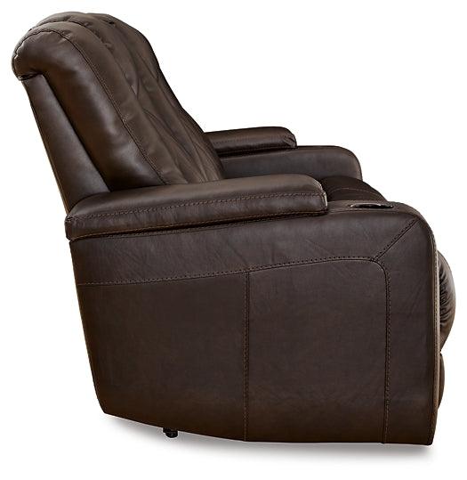 Mancin Reclining Sofa with Drop Down Table 2970389 Brown/Beige Contemporary Motion Upholstery By Ashley - sofafair.com