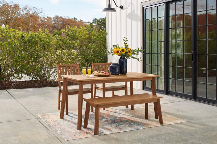 Janiyah Outdoor Dining Table with 2 Chairs and Bench P407P3 Brown/Beige Casual Outdoor Package By Ashley - sofafair.com