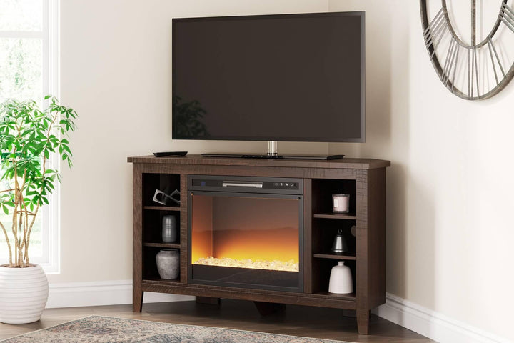 W283W5 Brown/Beige Casual Camiburg Corner TV Stand with Electric Fireplace By AFI - sofafair.com