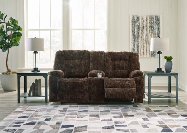 Soundwave Reclining Loveseat with Console 7450294 Brown/Beige Contemporary Motion Upholstery By Ashley - sofafair.com