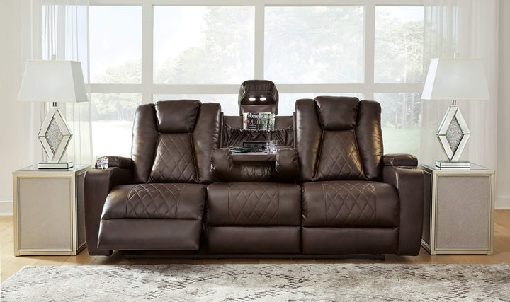 Mancin Reclining Sofa with Drop Down Table 2970389 Brown/Beige Contemporary Motion Upholstery By Ashley - sofafair.com